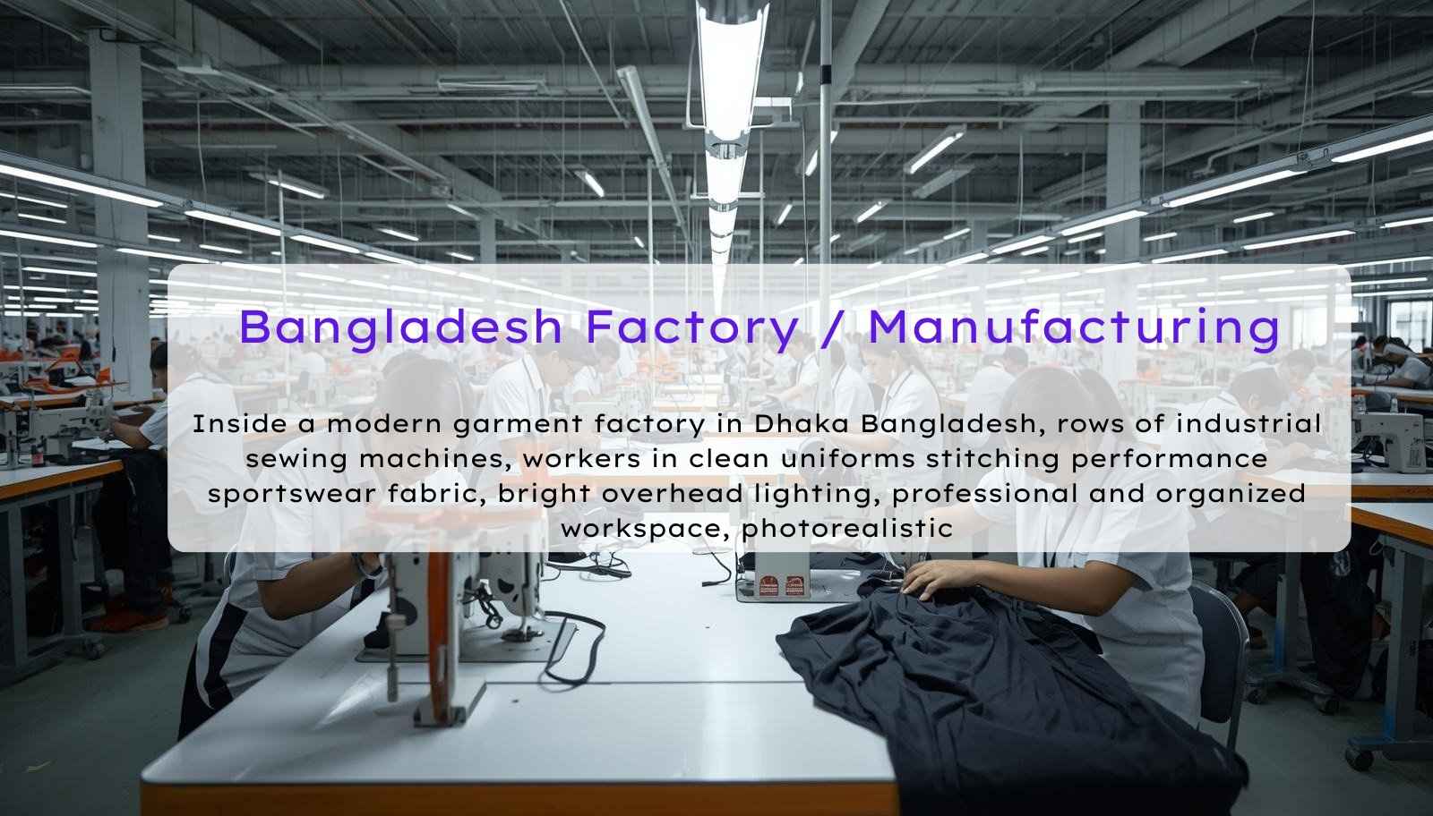 Inside a modern garment factory in Dhaka Bangladesh, rows of industrial sewing machines, workers in clean uniforms stitching performance sportswear fabric, bright overhead lighting, professional and organized workspace, photorealistic