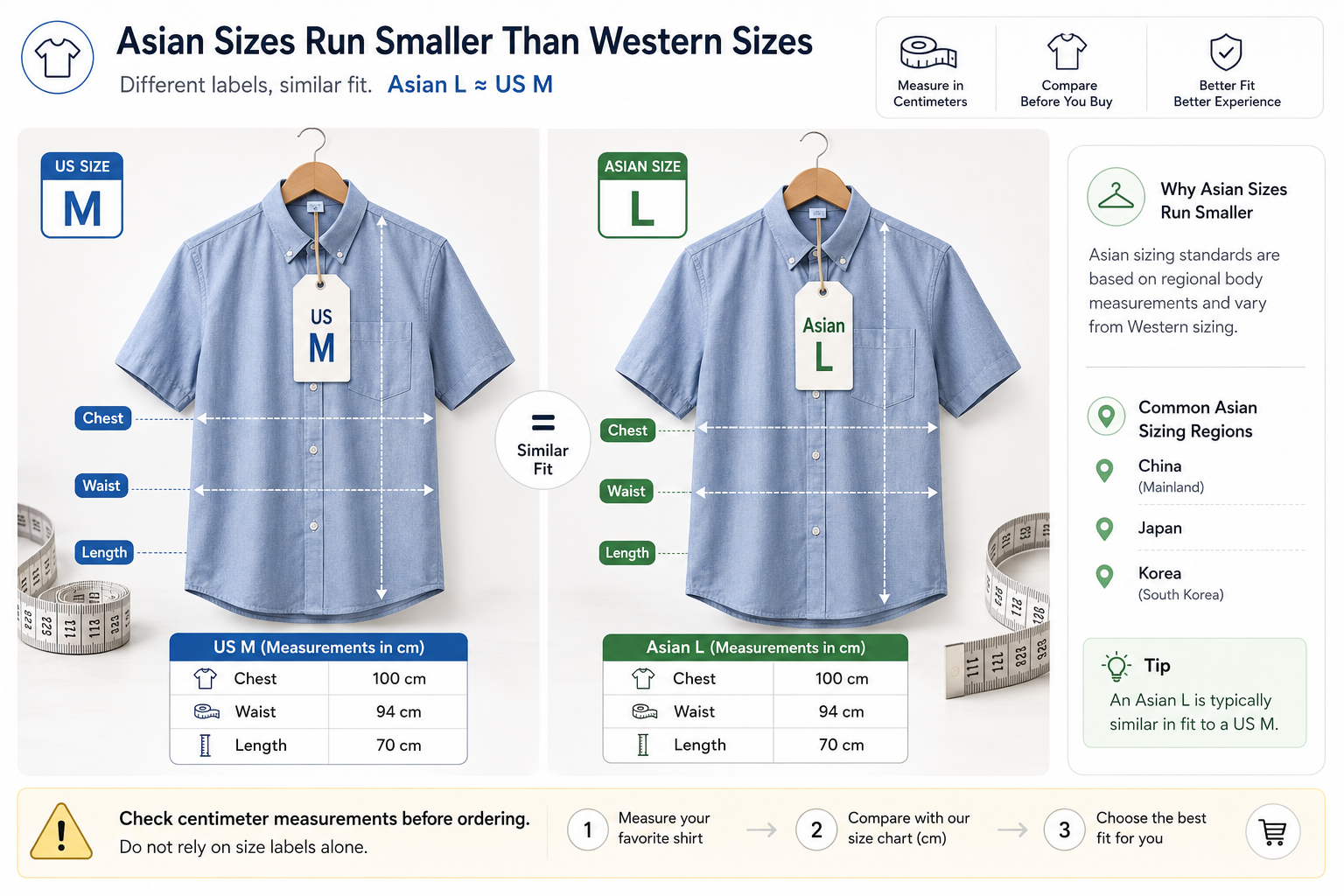 Asian clothing size L compared with US medium showing smaller sizing standards and garment measurements.