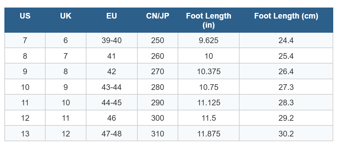 Men's Shoe Size Chart